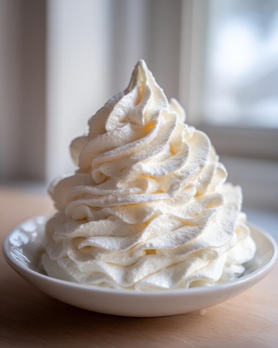 A tall, perfectly piped swirl of creamy white vanilla buttercream frosting in a small white bowl.