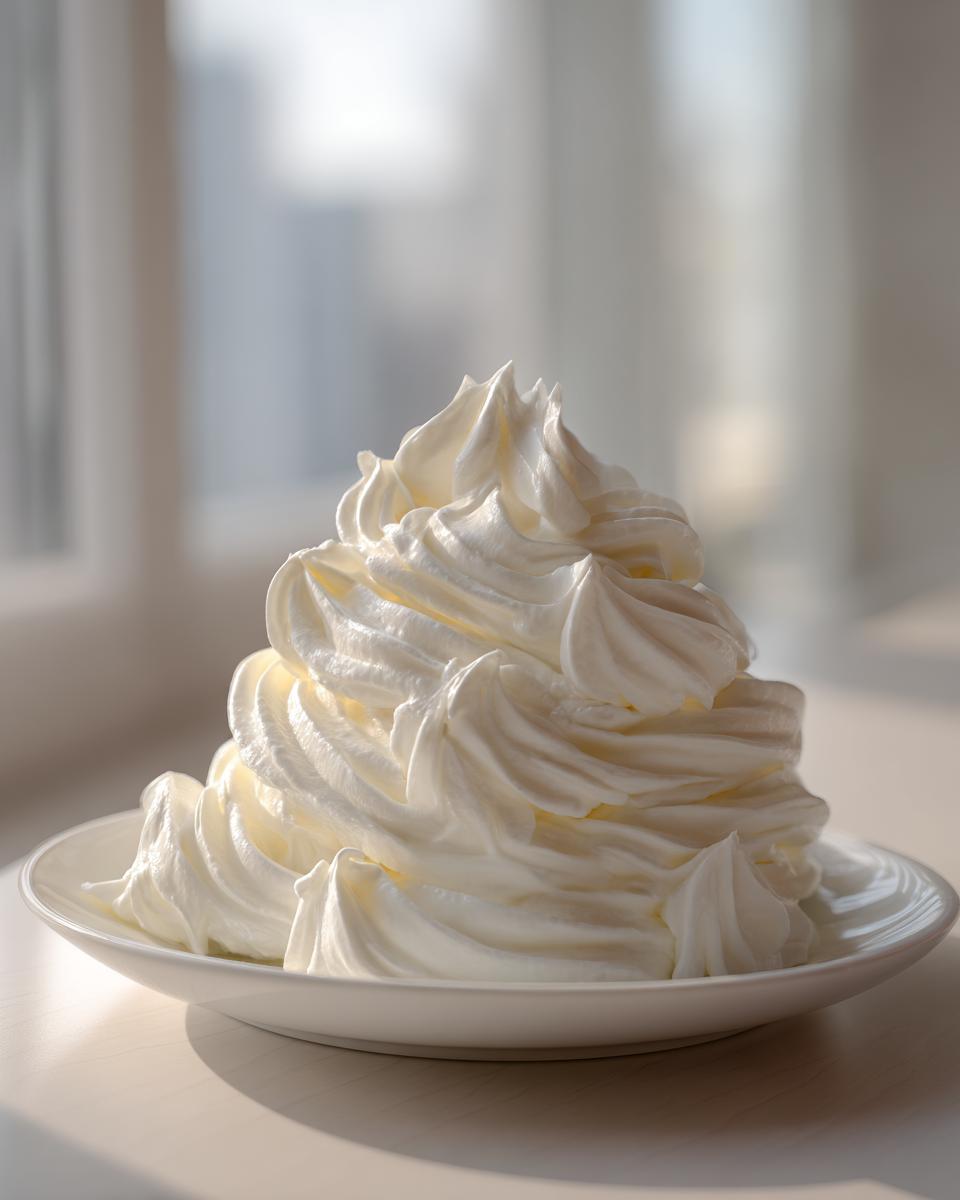 A tall swirl of fluffy white vanilla buttercream frosting piled high on a small white plate.