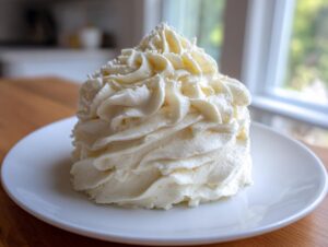 A tall swirl mound of creamy vanilla buttercream frosting decorated with tiny white sprinkles on a white plate.