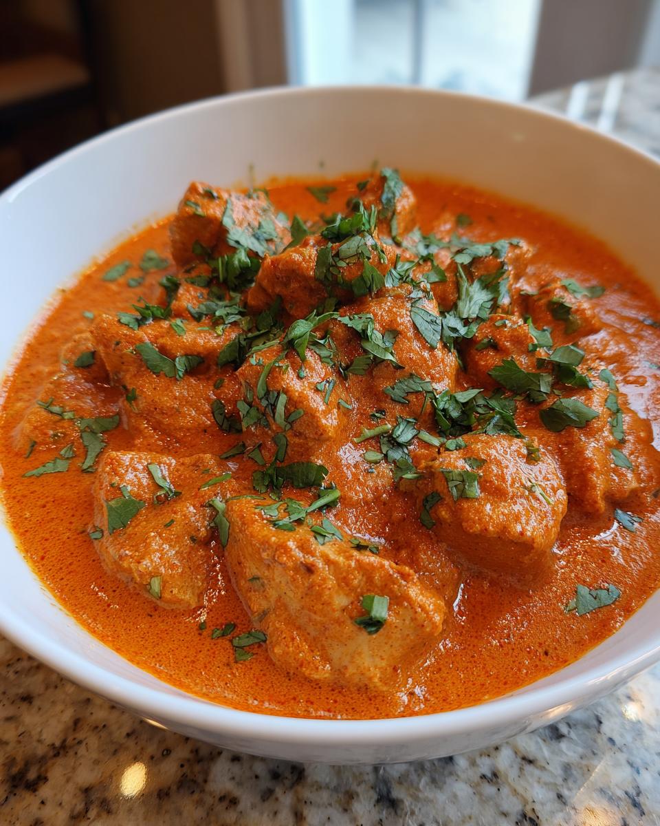 Close-up of tender chicken pieces in a vibrant orange, creamy sauce, garnished with fresh cilantro, showcasing delicious butter chicken.