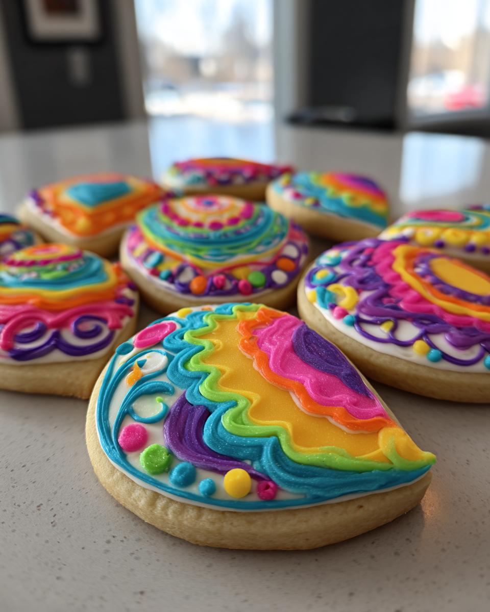 Close-up of several sugar cookies decorated with intricate, brightly colored royal cookie icing designs.