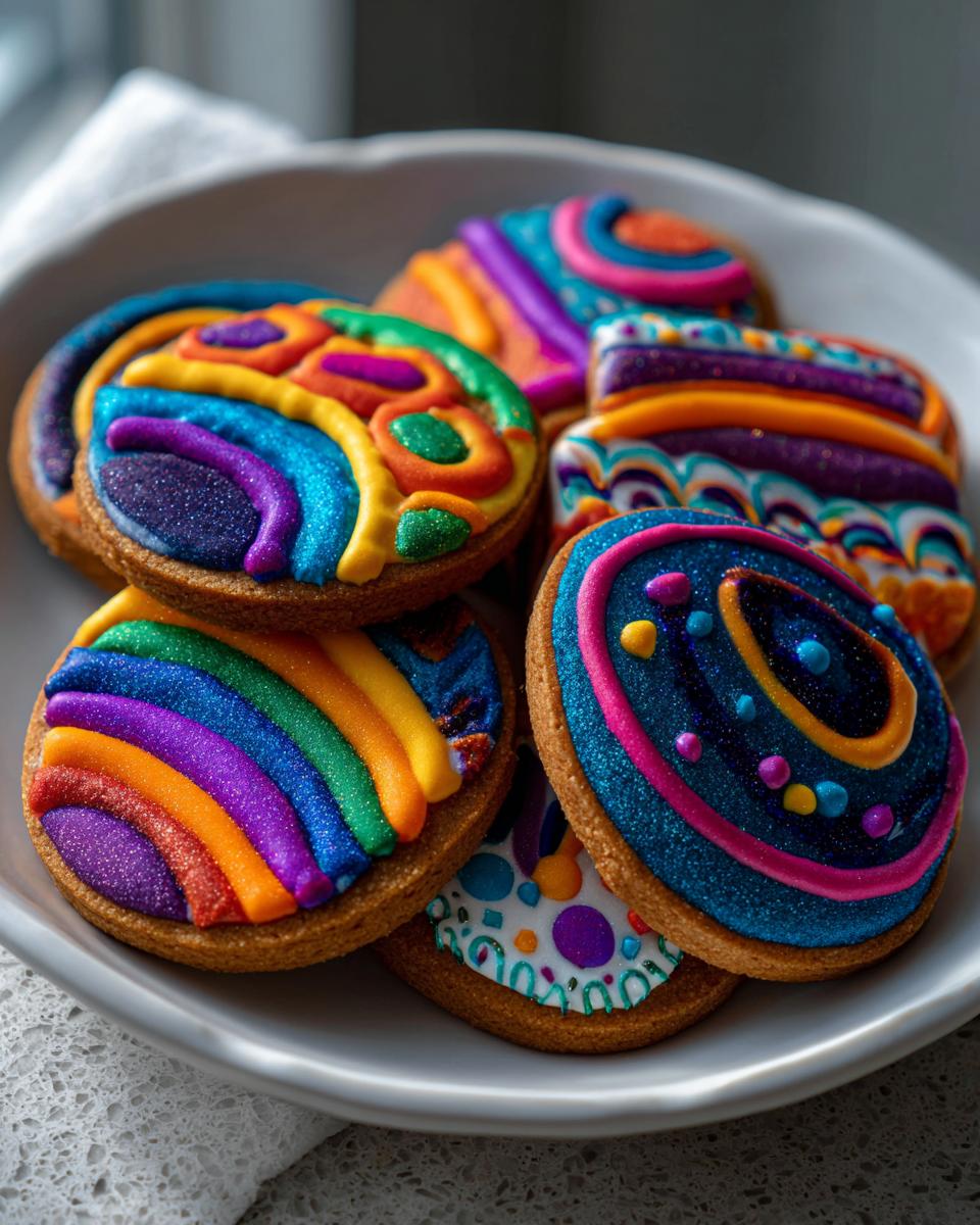 A close-up of several round sugar cookies decorated with incredibly bright, glossy, and glittery cookie icing in rainbow and abstract patterns.
