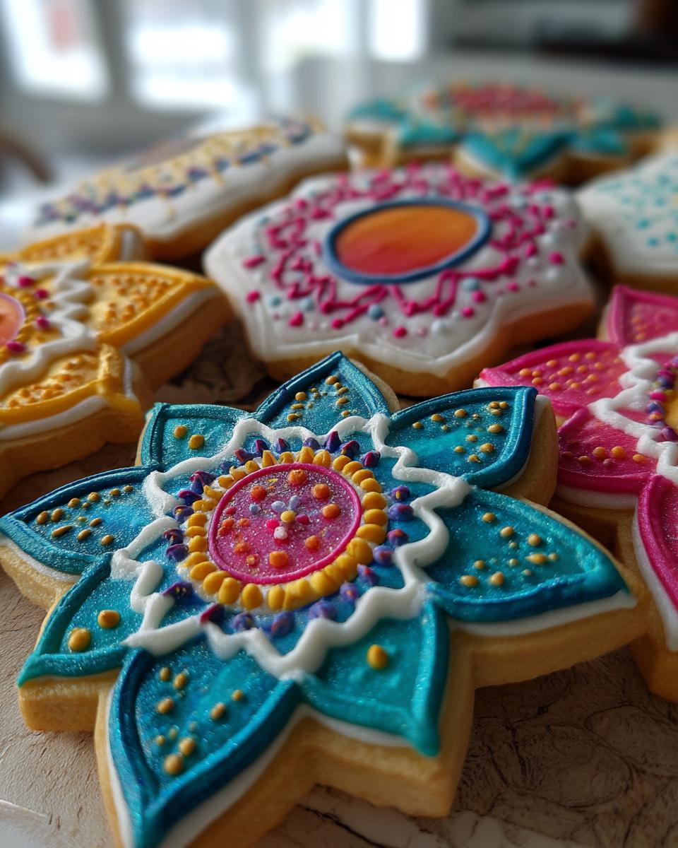 Close-up of intricately decorated flower-shaped sugar cookies featuring colorful, glossy cookie icing in shades of blue, pink, and yellow.