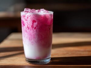 A tall glass filled with layered, vibrant pink and white strawberry milk, topped with ice cubes.