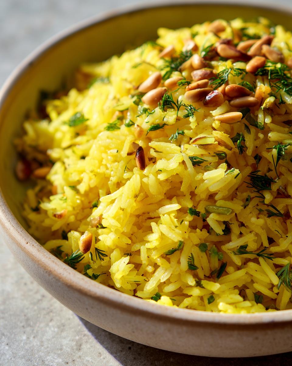 Close-up of vibrant yellow mediterranean rice topped with toasted pine nuts and fresh dill.