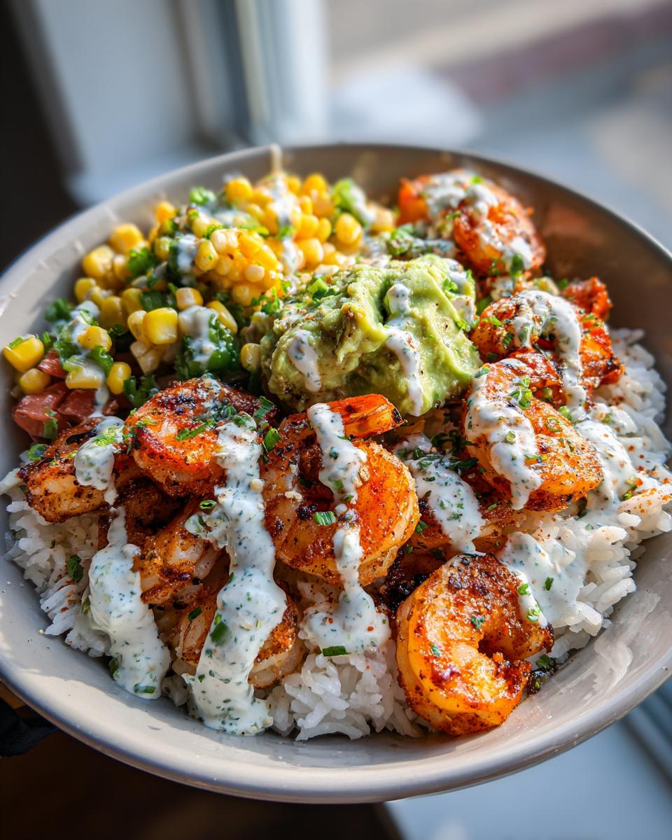 Close-up of a vibrant shrimp bowl featuring seasoned grilled shrimp over white rice, topped with corn, guacamole, and creamy cilantro sauce.