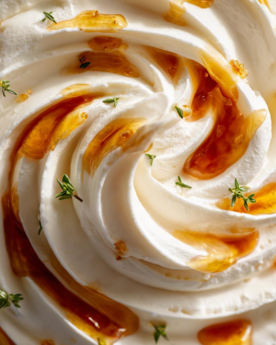 Macro shot of creamy, swirled ricotta dip topped with amber honey and fresh thyme sprigs.