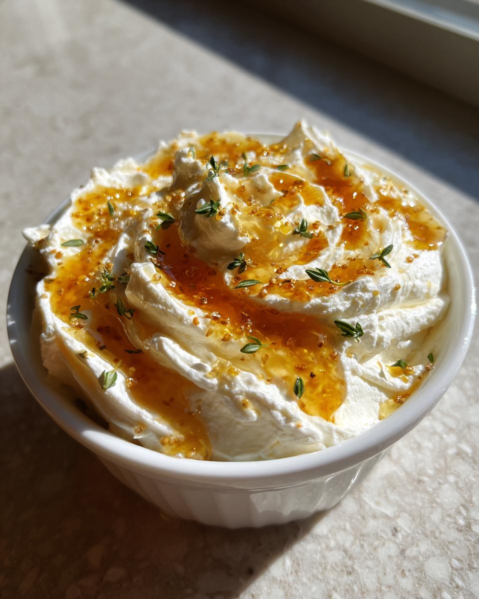 Close-up of a creamy, whipped ricotta dip in a white bowl, drizzled with golden honey and fresh thyme leaves.