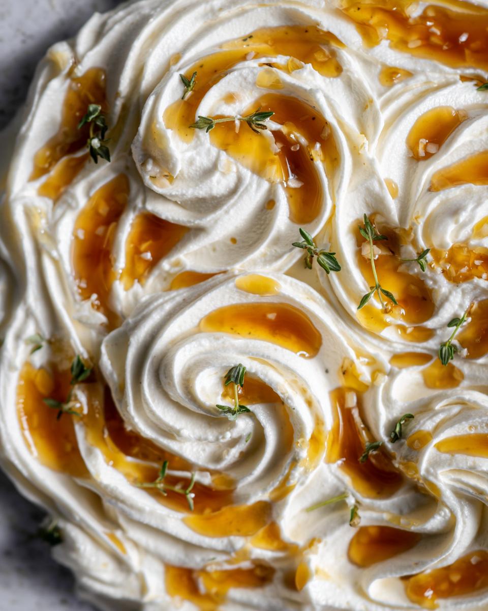 Close-up of a beautifully swirled, creamy ricotta dip topped with golden honey and fresh thyme sprigs.