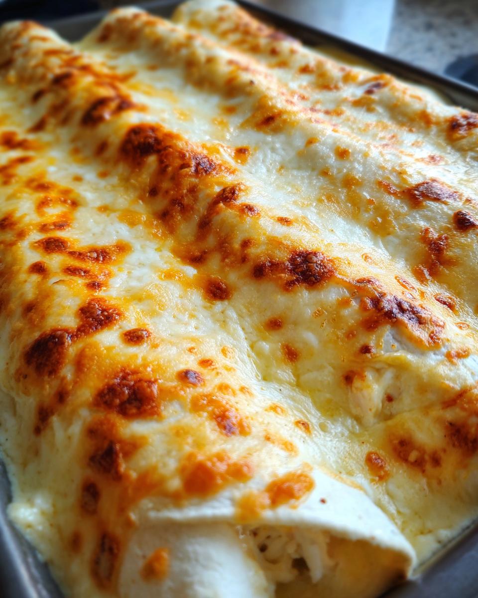 Close-up of baked white chicken enchiladas covered in creamy white sauce and bubbly, browned Monterey Jack cheese.
