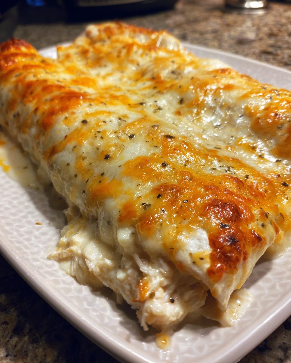 Close-up of two baked white chicken enchiladas smothered in melted white and orange cheese and herbs.
