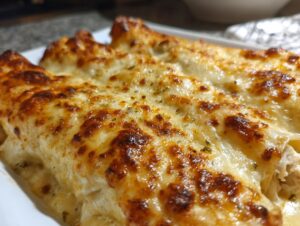 A close-up showing the bubbly, browned cheese topping on freshly baked white chicken enchiladas.