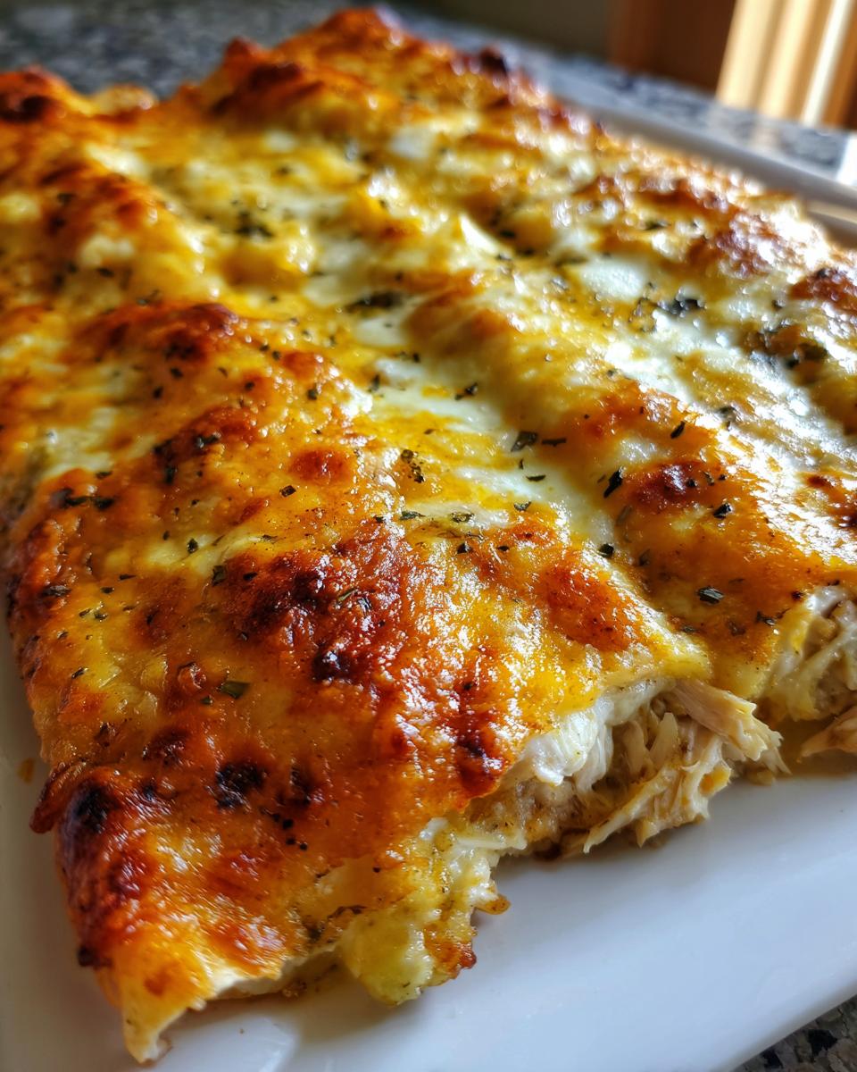 Close-up of baked white chicken enchiladas with melted, browned cheese and herbs visible.