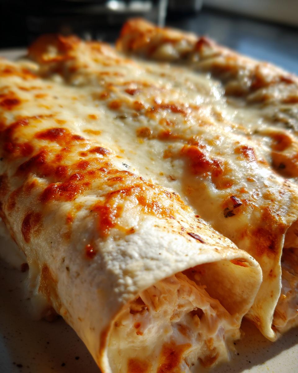 Close-up of baked white chicken enchiladas smothered in melted, slightly browned cheese sauce.