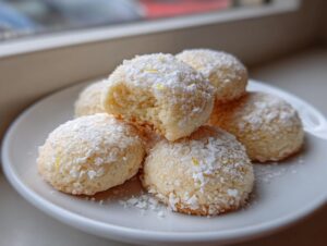 A stack of soft, round lemon cookies dusted heavily with powdered sugar and zest on a white plate.