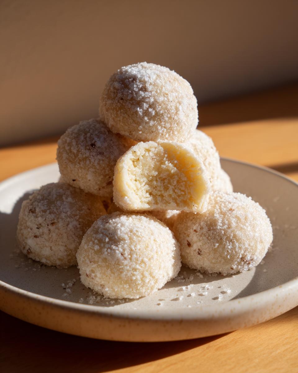 A stack of soft, round lemon cookies coated in sugar, with one cookie broken open to show the texture.
