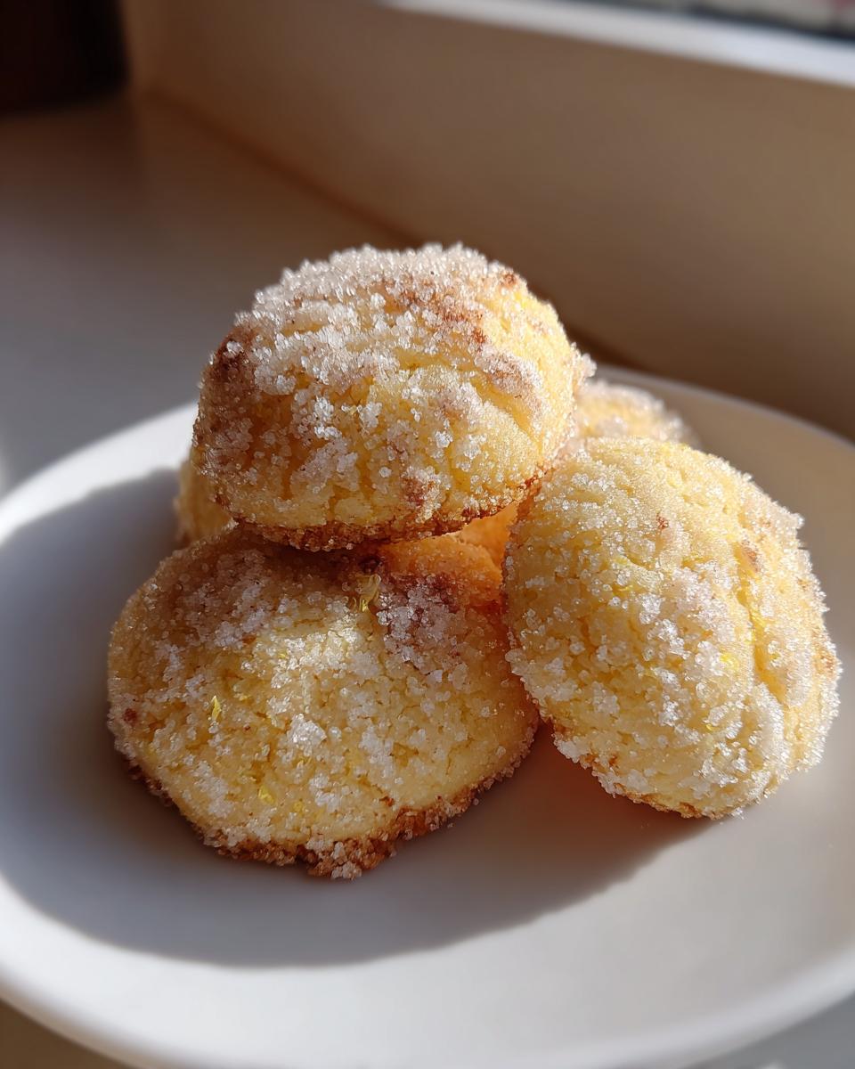 A small stack of bright yellow lemon cookies heavily coated in sparkling granulated sugar, sitting on a white plate.