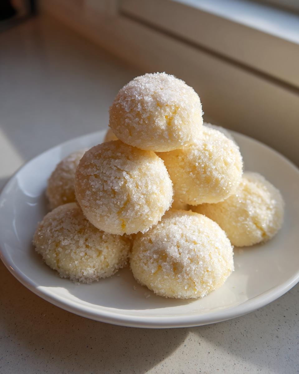 A stack of soft, round lemon cookies heavily coated in granulated sugar, resting on a white plate.