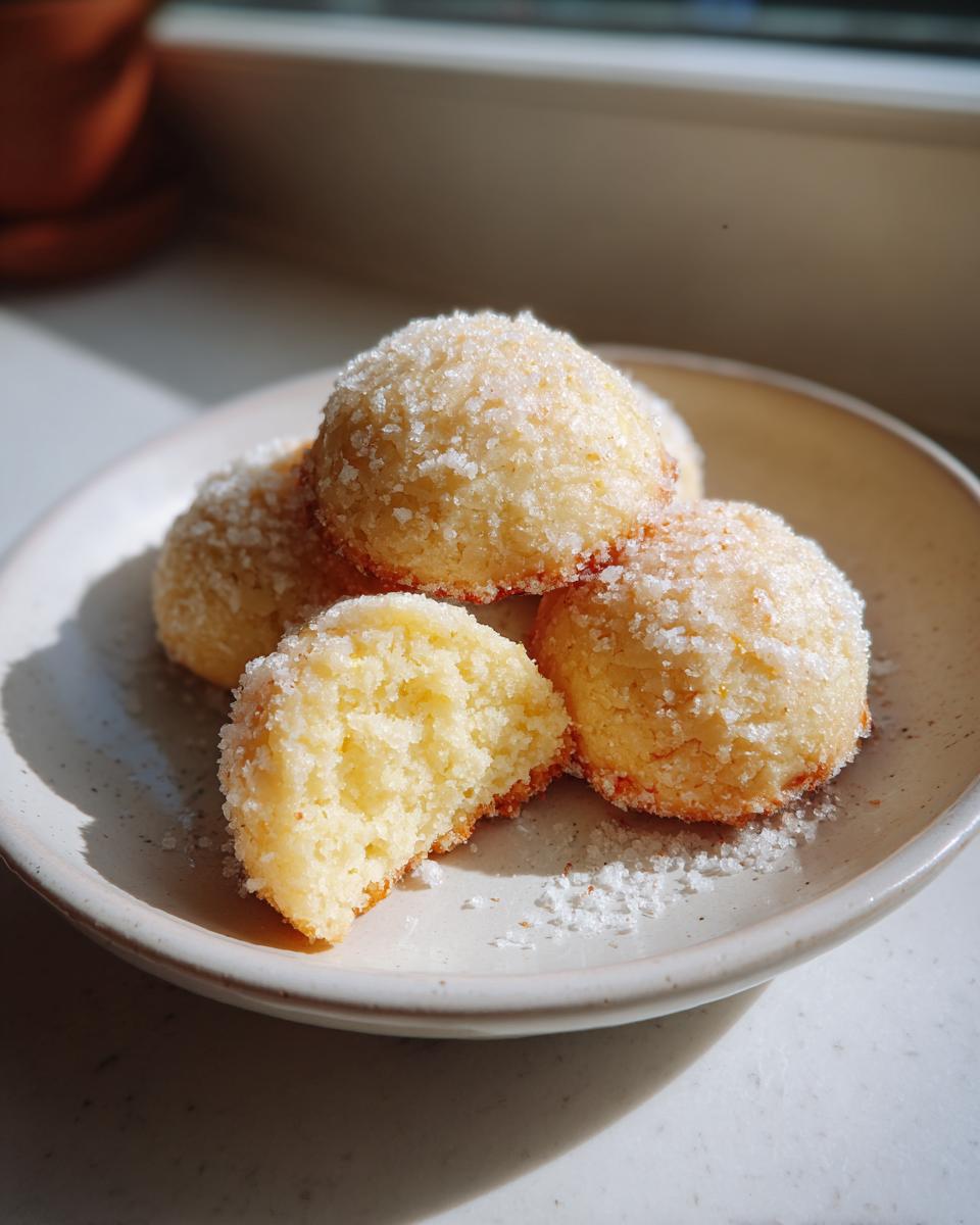 Close-up of several soft, round lemon cookies coated in granulated sugar, one cookie is broken open.