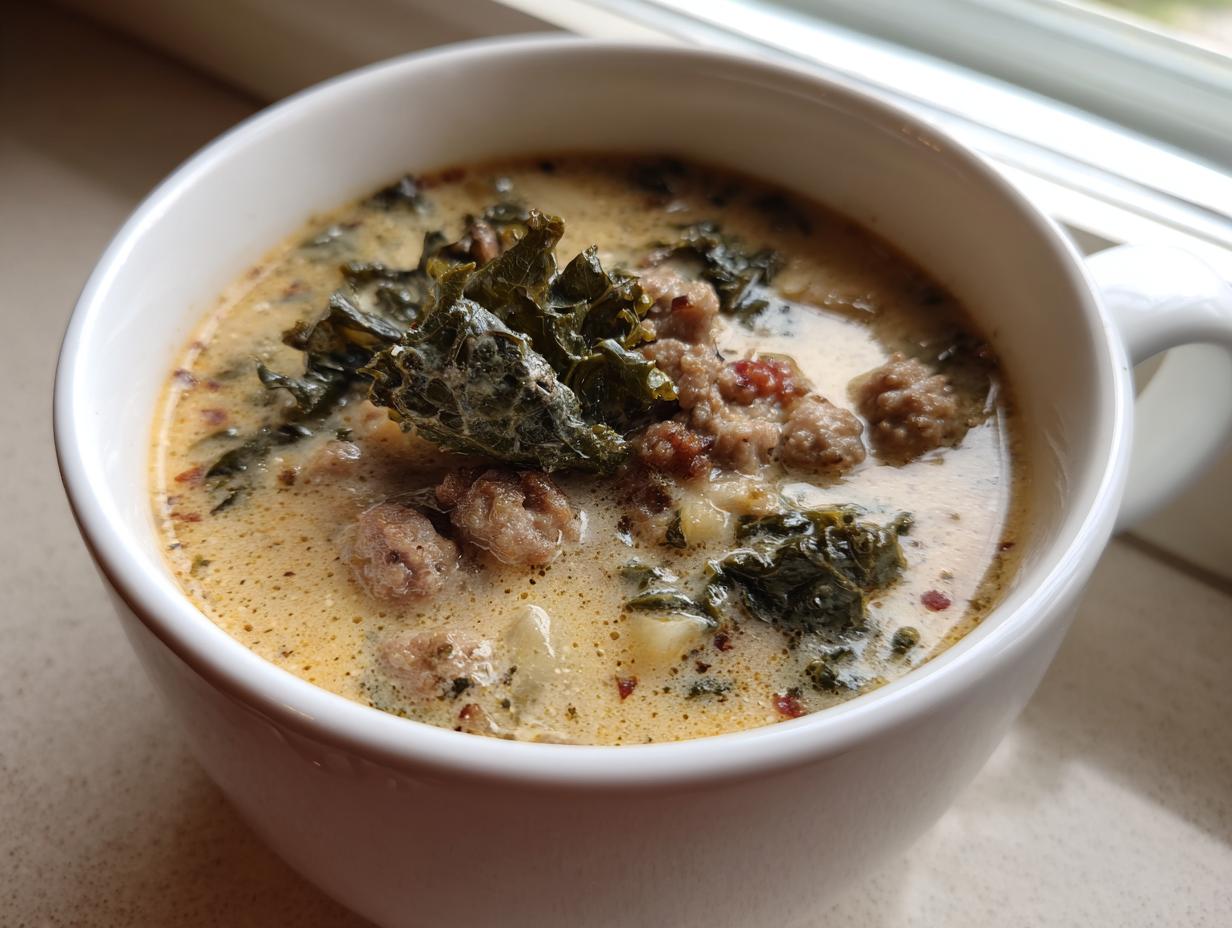 Close-up of a hearty bowl of Zuppa Toscana soup featuring sausage, kale, and a creamy broth.
