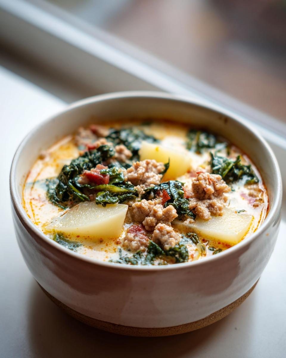 Close-up of a hearty bowl of Zuppa Toscana soup featuring sausage, kale, and potatoes in a creamy broth.