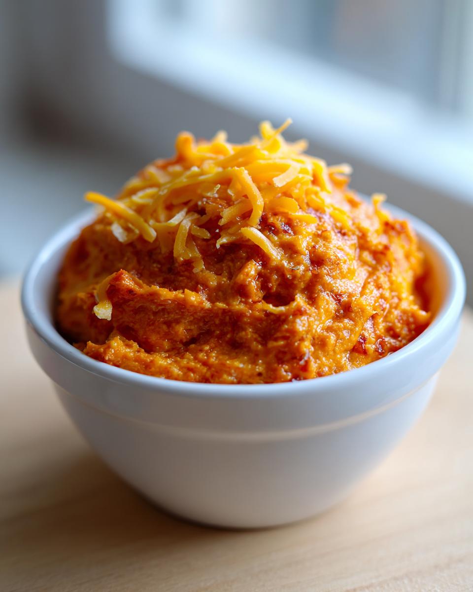 A close-up of a small white bowl filled with bright orange chili cheese dip, topped with shredded cheddar cheese.