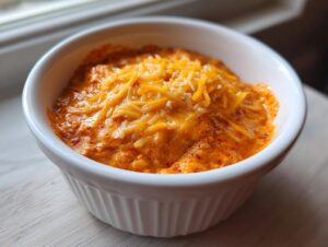 Close-up of hot, creamy chili cheese dip topped with shredded cheddar cheese in a white ruffled bowl.
