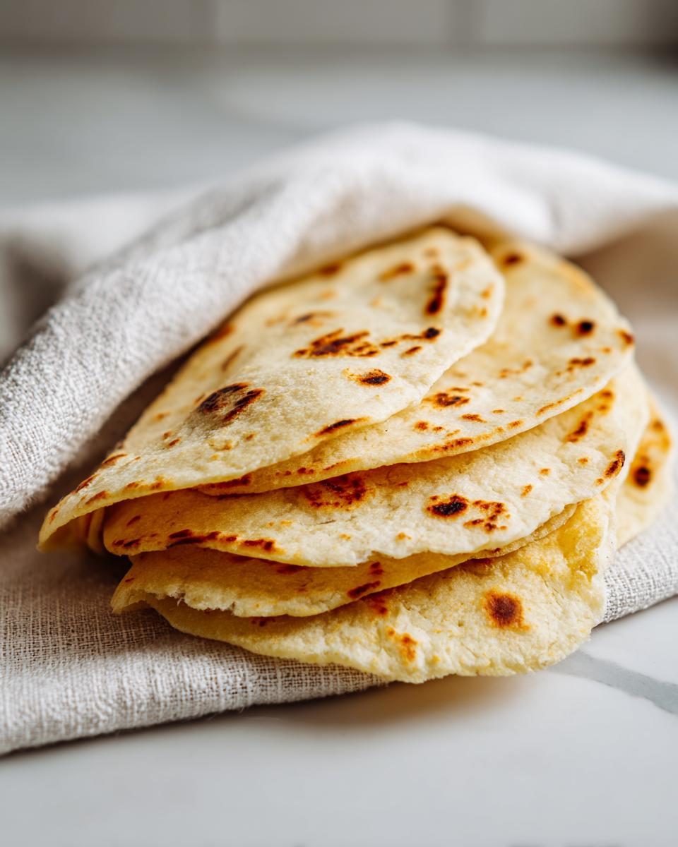 A stack of warm, freshly made corn tortillas wrapped partially in a light linen cloth.