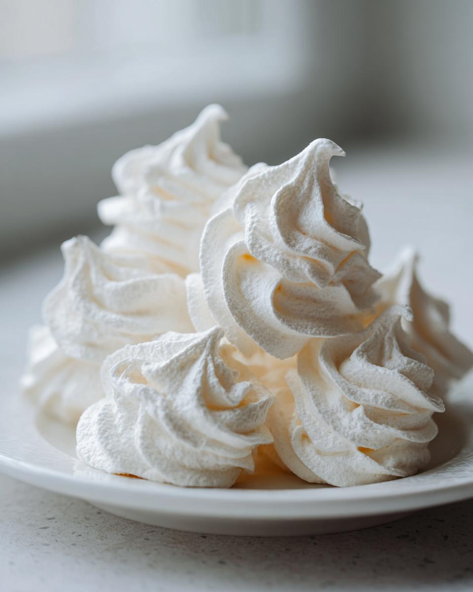 Close-up of perfectly piped, crisp white meringue cookies stacked on a small white plate.