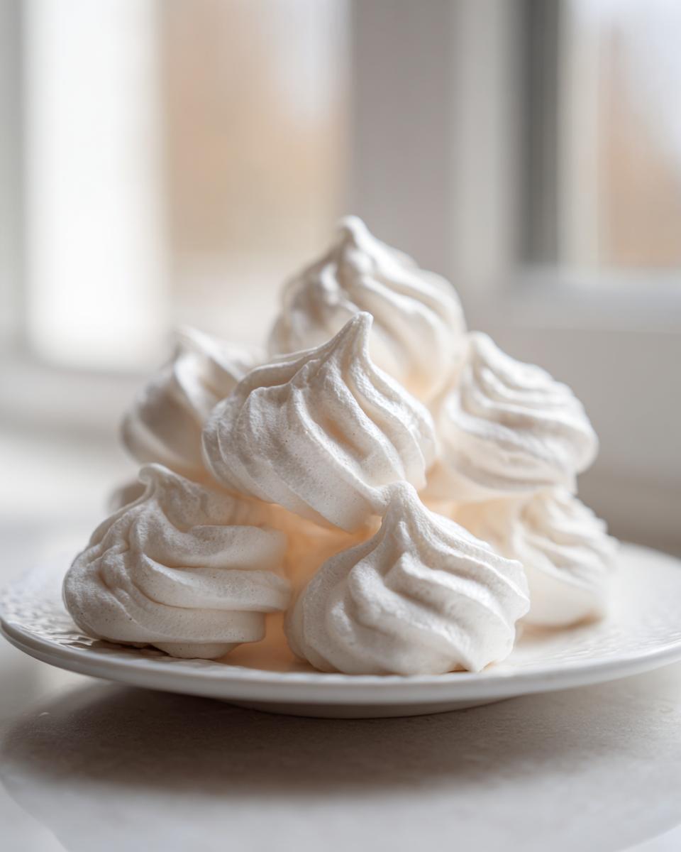 A close-up of several perfectly piped, white meringue cookies stacked on a small white plate.
