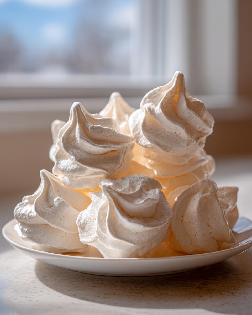 A stack of light, airy, piped meringue cookies resting on a small white plate near a window.