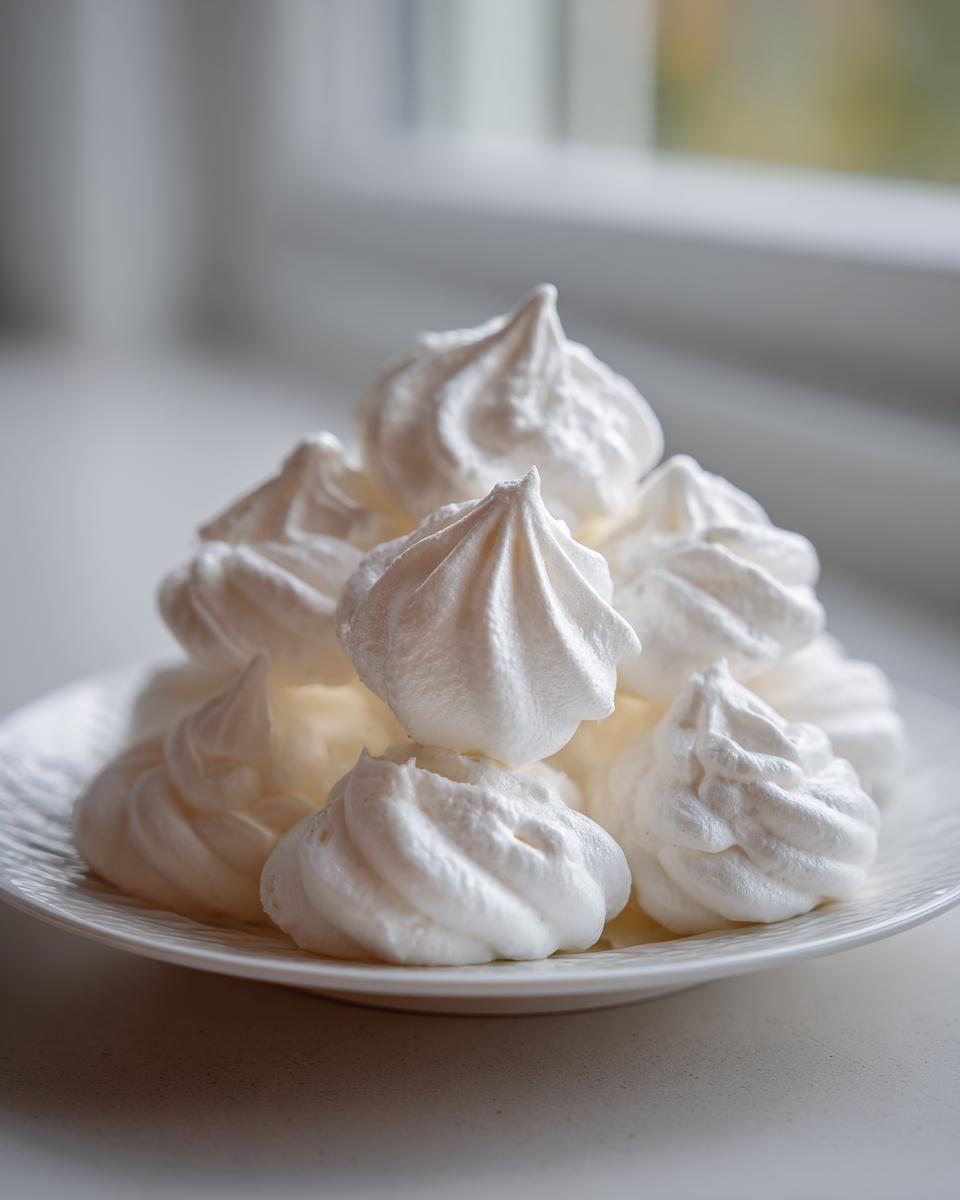A stack of bright white, perfectly piped meringue cookies resting on a white textured plate near a window.