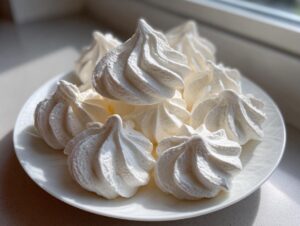 A pile of perfectly piped, white meringue cookies displayed on a white plate near a window.
