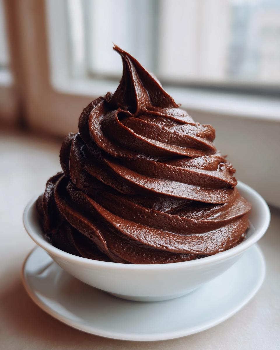 A tall, perfectly piped swirl of rich, dark chocolate frosting in a small white bowl.