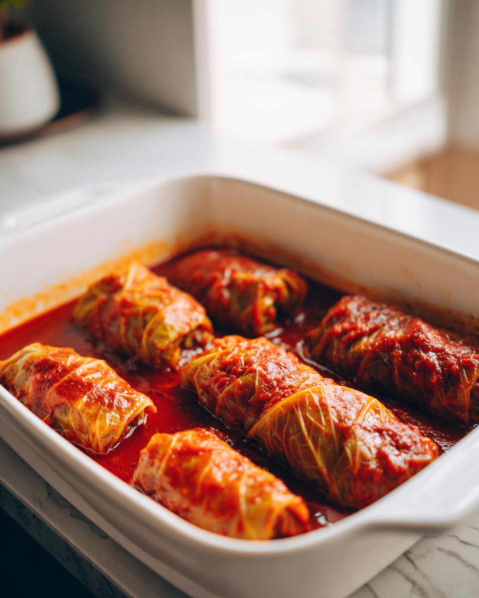 Six homemade cabbage rolls simmering in a bright red tomato sauce inside a white baking dish.