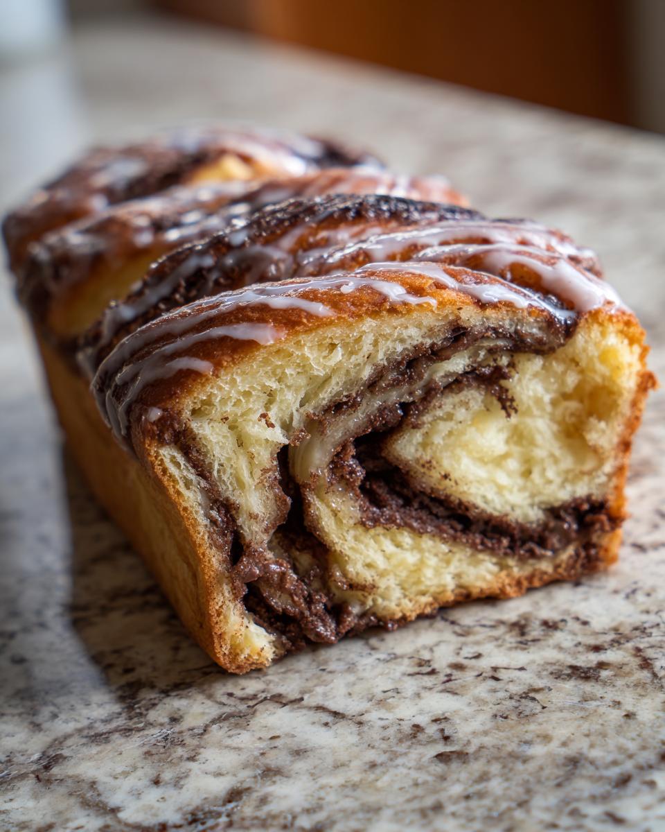 A close-up view of a freshly baked chocolate babka loaf, showing the rich chocolate swirl filling and white glaze drizzle.