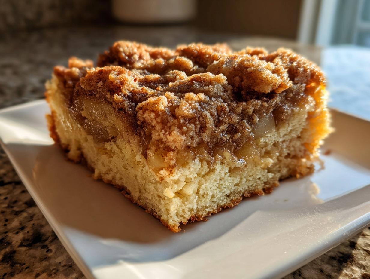 Close-up of a moist slice of apple crumb cake showing the tender cake base, apple filling, and thick cinnamon streusel topping.