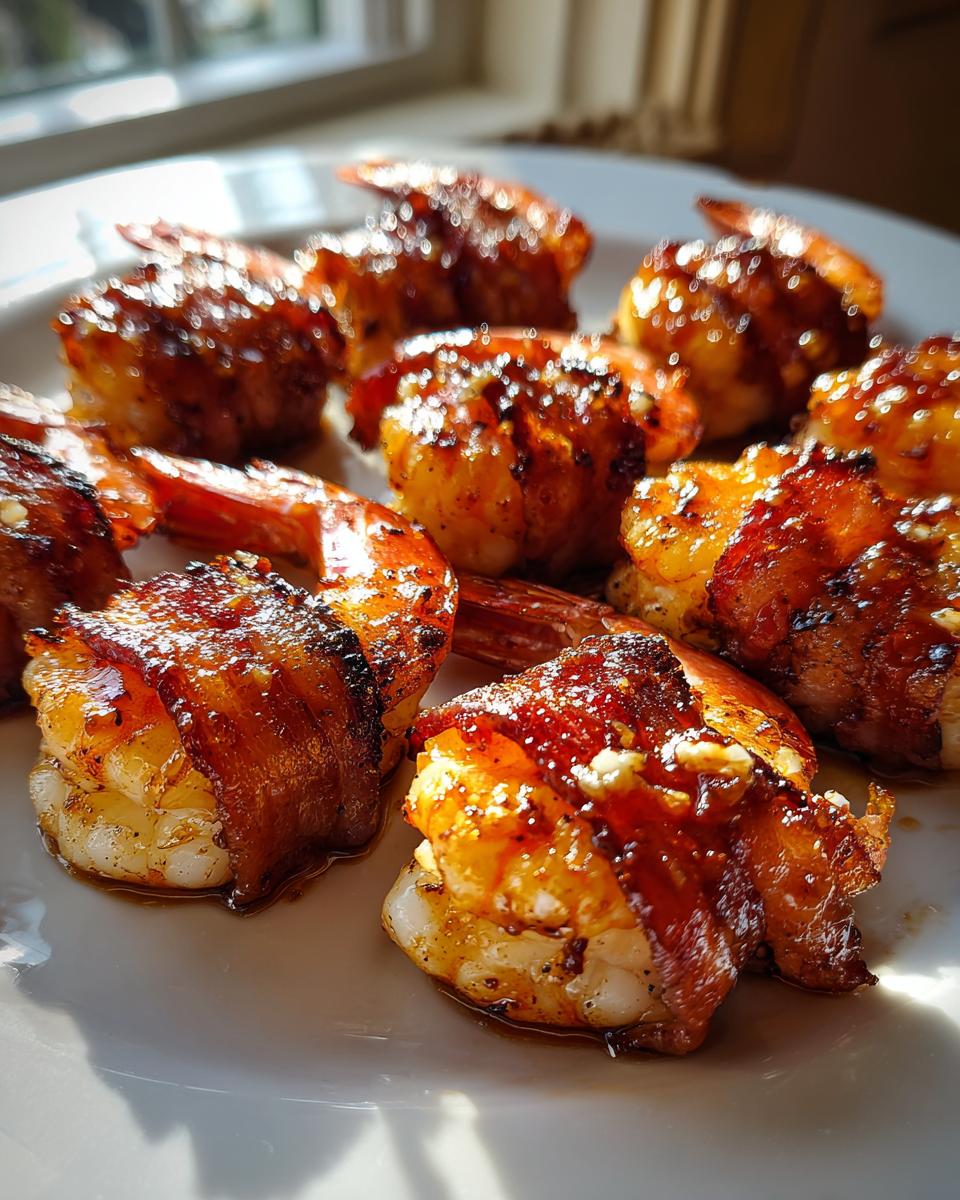 Close-up of several glazed and perfectly cooked bacon wrapped shrimp served on a white plate.
