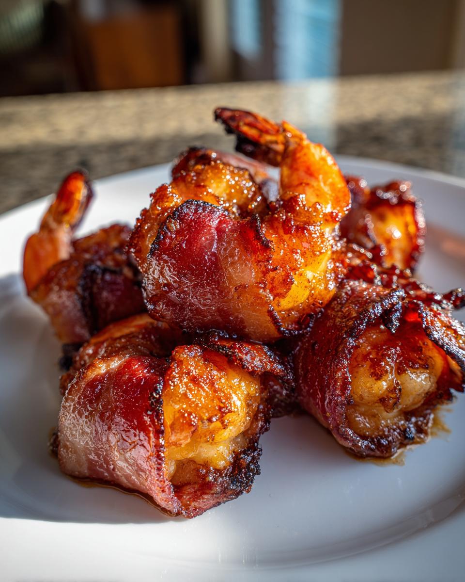 Close-up of several glazed and crispy bacon wrapped shrimp piled on a white plate.