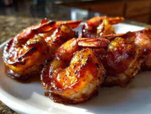 Close-up of perfectly cooked, glazed bacon wrapped shrimp resting on a white plate, ready to eat.