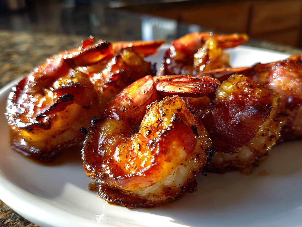 Close-up of perfectly cooked, glazed bacon wrapped shrimp resting on a white plate, ready to eat.