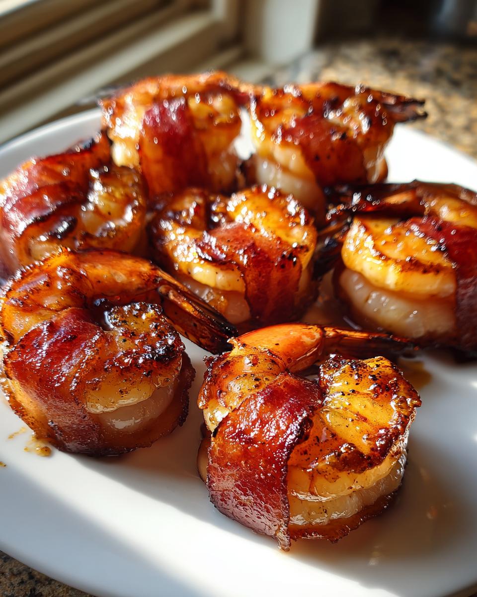 Close-up of several perfectly cooked bacon wrapped shrimp with a caramelized glaze on a white plate.