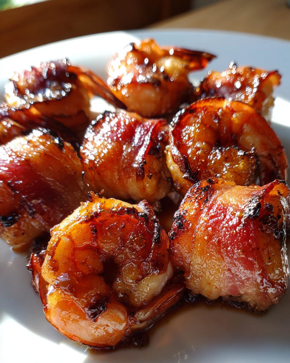 Close-up of several perfectly cooked, glazed bacon wrapped shrimp piled on a white plate.