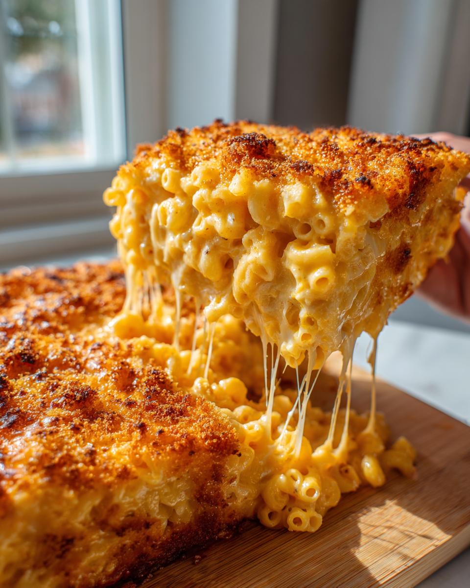 A slice of amazing 3-cheese baked mac and cheese being lifted, showing extreme cheese pull and a crispy topping.