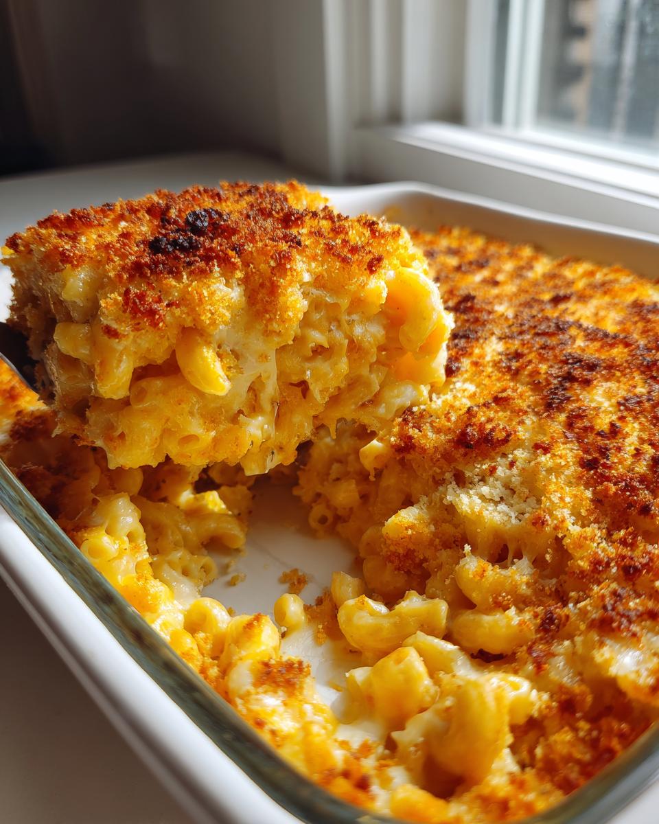 A scoop of creamy, cheesy baked mac and cheese being lifted from a glass baking dish, showing a golden brown crust.