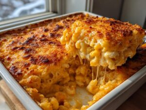 A scoop of creamy, cheesy baked mac and cheese being lifted from a white casserole dish, showing cheese pulls.