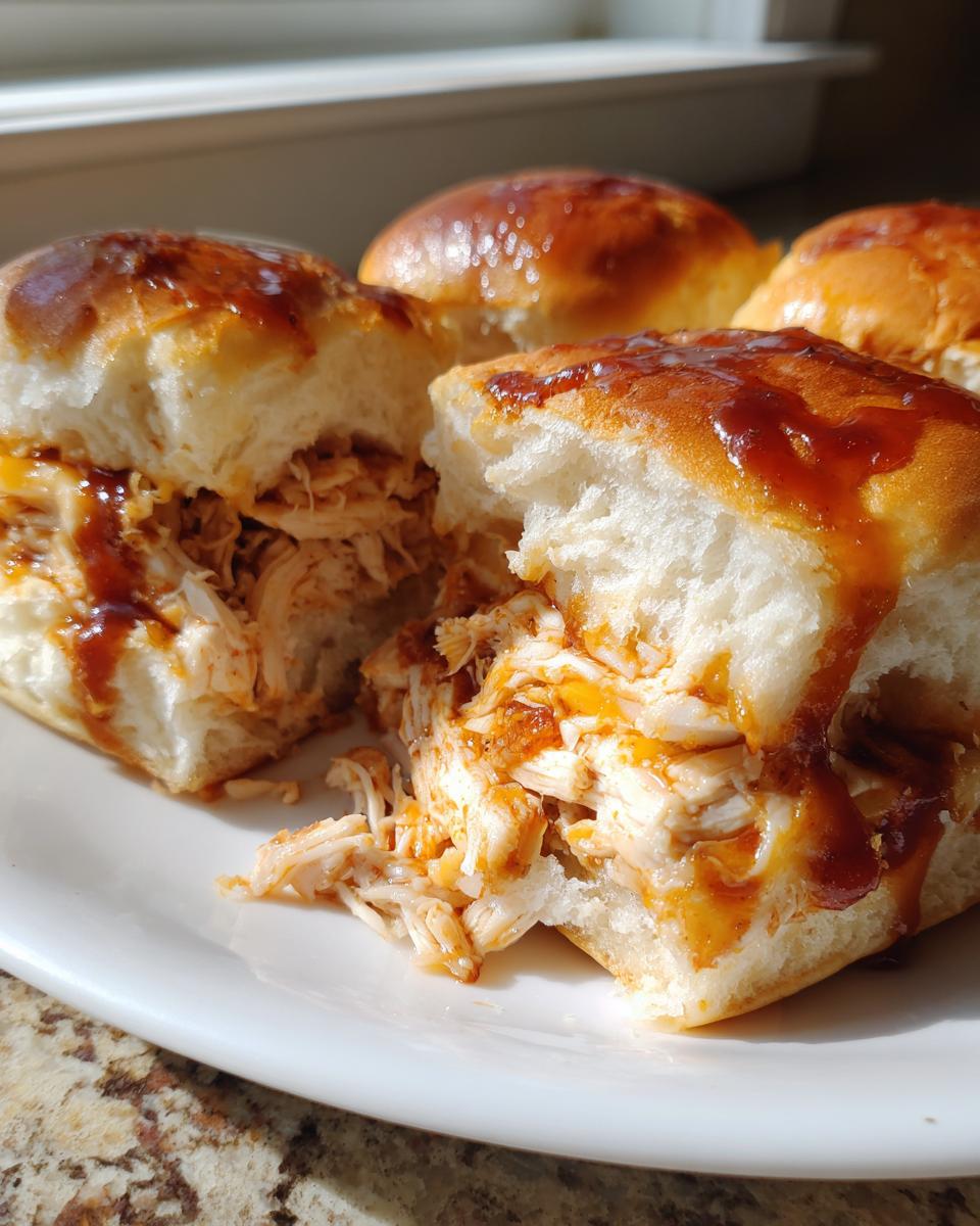 Close-up of shredded chicken filling oozing BBQ sauce inside soft rolls, showcasing the amazing bbq chicken sliders.