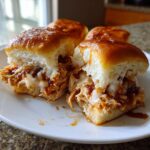 Close-up of two halves of a cheesy bbq chicken sliders, dripping with sauce on a white plate.