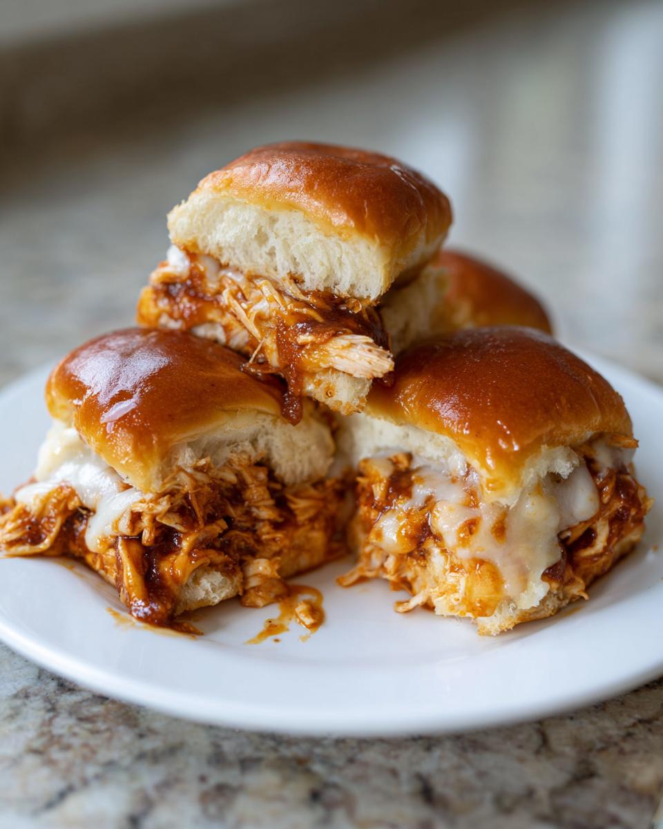 A stack of gooey bbq chicken sliders with melted white cheese on a white plate.
