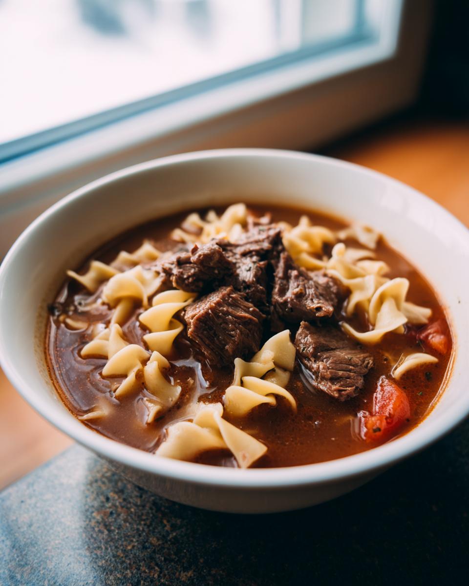 Close-up of a white bowl filled with rich beef noodle soup, featuring chunks of tender beef and egg noodles.